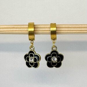 Camellia Earrings Gold Black Handmade Enameled  Stainless Steel Hypoallergenic